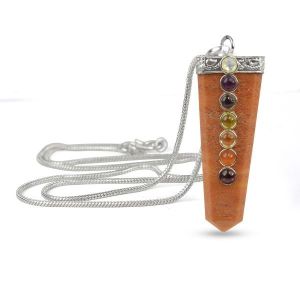 Red Aventurine Flat Stick 7 Chakra Beads Pendant with Chain