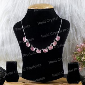 Natural Rose Quartz Metal Necklace With Crystal Stone For Girls And Women