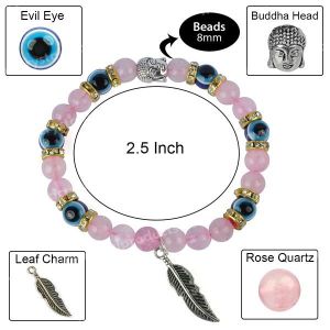 Rose Quartz 8 mm Round Bead Bracelet with Evil Eye, Head Buddha and Leaf Charm