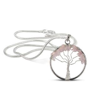Rose Quartz Metal Tree of Life Pendant