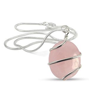 Rose Quartz Oval Wire Wrapped Pendant with Chain