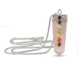 Rose Quartz Flat Stick 7 Chakra Beads Pendant with Chain