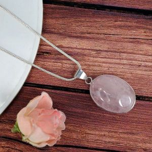 AAA Quality Rose Quartz Oval Pendant With Chain