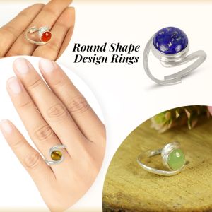 Natural Crystal Gemstone Adjustable Ring Round Shape, Carnelian, Green Jade, Lapis Lazuli, Pyrite, Rose Quartz, Tiger Eye Rings.