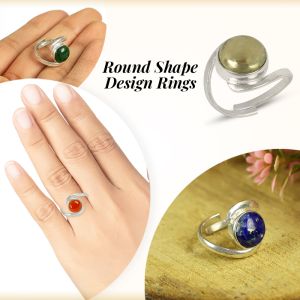 Natural Crystal Gemstone Adjustable Ring Round Shape Carnelian, Green Aventurine, Green Jade, Lapis Lazuli, Pyrite, Rose Quartz Ring