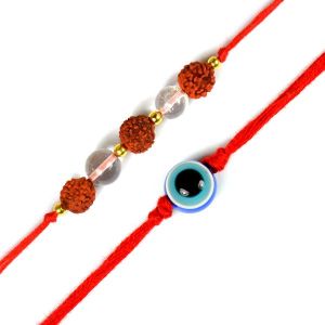 Rudraksha + Clear Quartz Band with Evil Eye Band Pack of 2 Pcs For Brothers