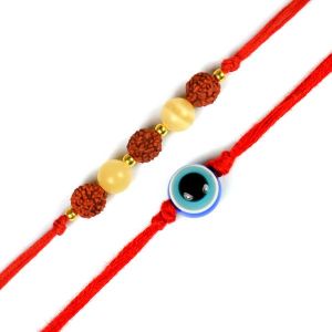 Rudraksha + Yellow Calcite Band with Evil Eye Band Pack of 2 pc For Brothers