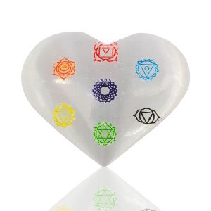 Selenite 7 Chakra Symbol Engraved Heart Size 6 cm Approx