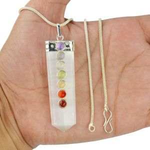 Selenite Flat Stick 7 Chakra Beads Pendant with Chain