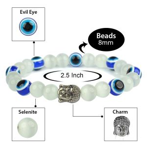 Selenite Synthetic with Evil Eye 8 mm Bead Buddha Head Charm Bracelet