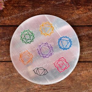 Selenite 7 Chakra Colour Symbols Engraved Charging Plate Size 3 Inch Approx
