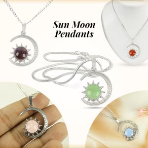 Natural Crystal Stone Sun And Moon Design Pendant / Locket with Metal Chain