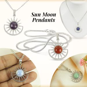 Natural Crystal Stone Sun And Moon Shape Pendant/Locket with Metal Chain