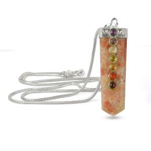 Sunstone Flat Stick 7 Chakra Beads Pendant with Chain