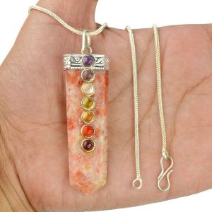 Sunstone Flat Stick 7 Chakra Beads Pendant with Chain