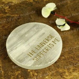 Selenite The Universe Supports Me Charging Plate for Reiki Crystal Cleansing Size 3 Inch Approx