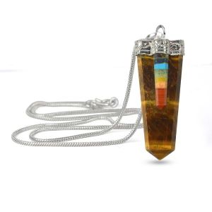 Tiger Eye Flat Stick Pendant with Polished Metal Chain