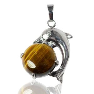 Tiger Eye Dolphin Shape Pendant with Metal Polished Chain