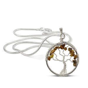 Tiger Eye Tree of Life Pendant with Polished Metal Chain