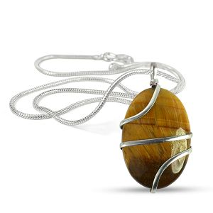 Tiger Eye Oval Wire Wrapped Pendant with Chain