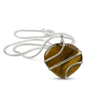 Tiger Eye Heart Wire Wrapped Pendant With Chain