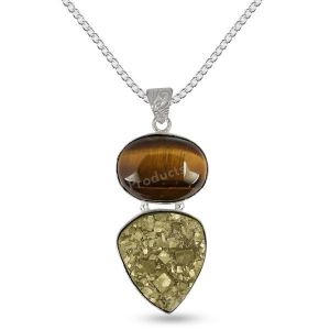Natural Tiger Eye Pyrite Oval Shape Pendant With Metal Chain For Unisex