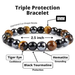 Triple Protection Black Tourmaline Tiger Eye Hematite 8 mm Faceted Bead Bracelet