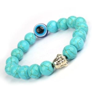 Turquoise with Evil Eye 10 mm Round Synthetic Bead Charm Bracelet 