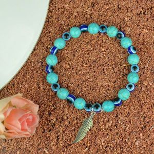 Turquoise with Evil Eye 8 mm Round Synthetic Bead Charm Bracelet
