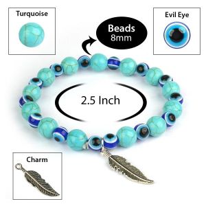 Turquoise with Evil Eye 8 mm Round Synthetic Bead Charm Bracelet