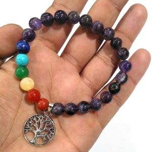 Amethyst Bracelet with Hanging Tree of Life Charm 8 mm Round Beads Bracelet