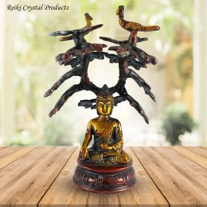 Brass Sitting Tree Lord Buddha Blessing Antique Idol Art Decor Gifts, 15 cm
