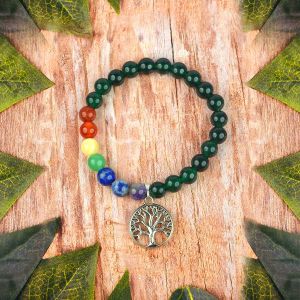 Green Aventurine with 7 Chakra Tree of Life Charm Hanging Bracelet