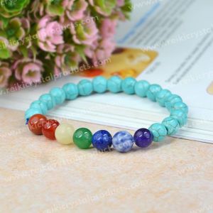 Turquoise (Syn) with 7 Chakra 8mm Round Bead Bracelet