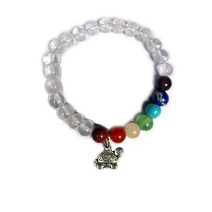 Clear Quartz Bracelet with Hanging Turtle Charm 8 mm Round Beads Bracelet