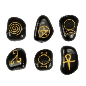 Wicca Symbols Black Agate Tumble Stones / Witches Rune Set 6pc