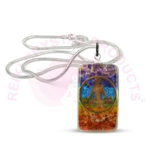 7 Chakra Orgone / Orgonite Pendant With Silver Polished Metal Chain
