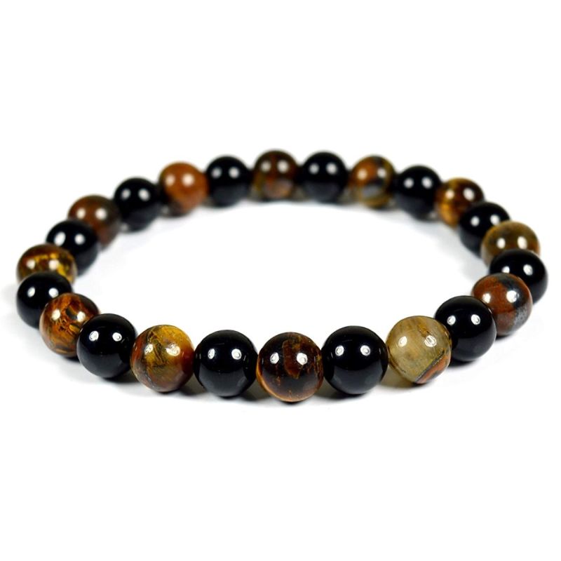 SX Commerce Natural Obsidian Bracelet Black Natural 10MM or 12MM Stone with a Unique Tiger Eye Good Gift for Men and Women 