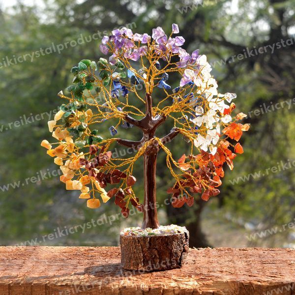 Seven Chakra Chips Bead Crystal Reiki Healing Tree Natural Beads Golden Wire 10" 