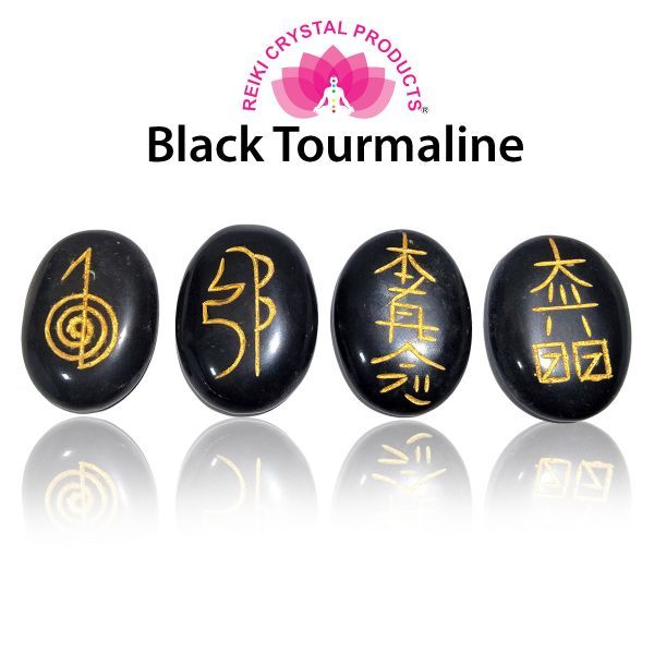Powerful Black Tourmaline Crystal Reiki Set Gold Lettering 4 Usui Symbols Pouch 