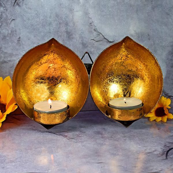 Traditional OM Tea Light Candle Holder Stand Statue Religious for Home/Office Diwali Decoration Gift Set of 2 Free Tealight Candle